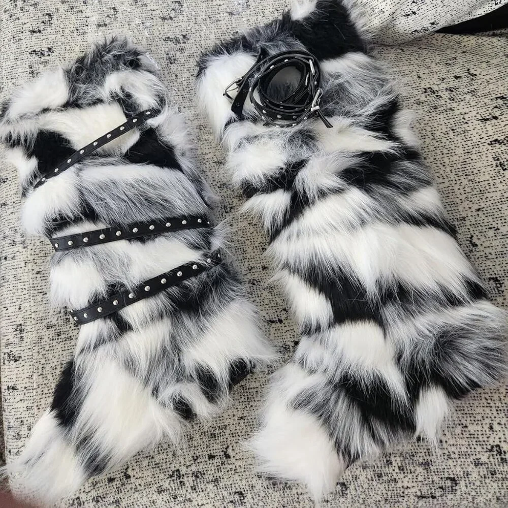 🆕Women Black and White Decors Faux Fur Round Toe Knee High Warm Outdoor Boot